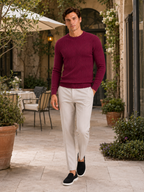 Men's cable knit crew neck sweater – Wine lifestyle view – Edward & Lawsen