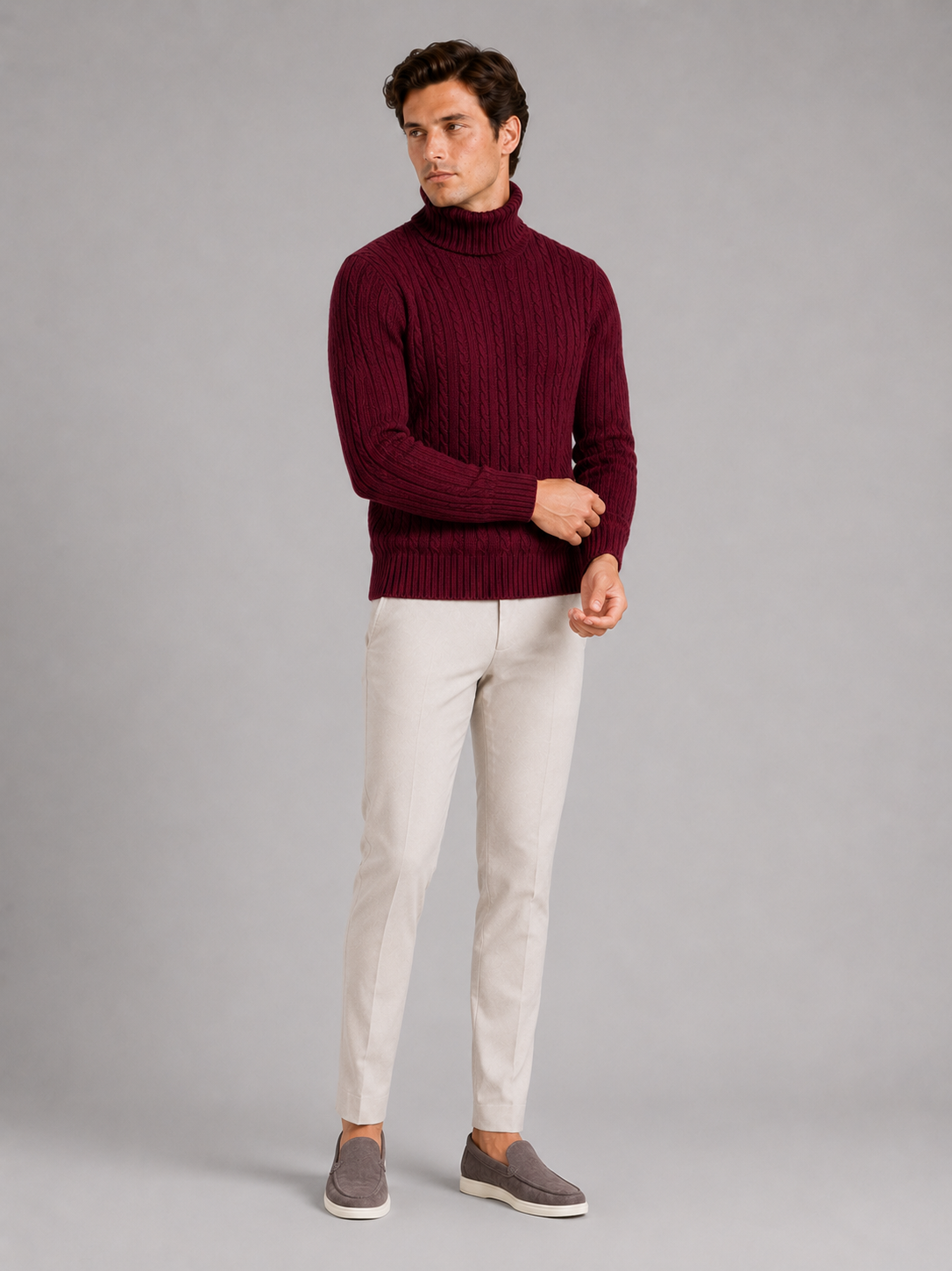 Men's cable knit turtleneck sweater – Wine full view – Edward & Lawsen
