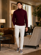 Men's cable knit turtleneck sweater – Wine lifestyle view – Edward & Lawsen