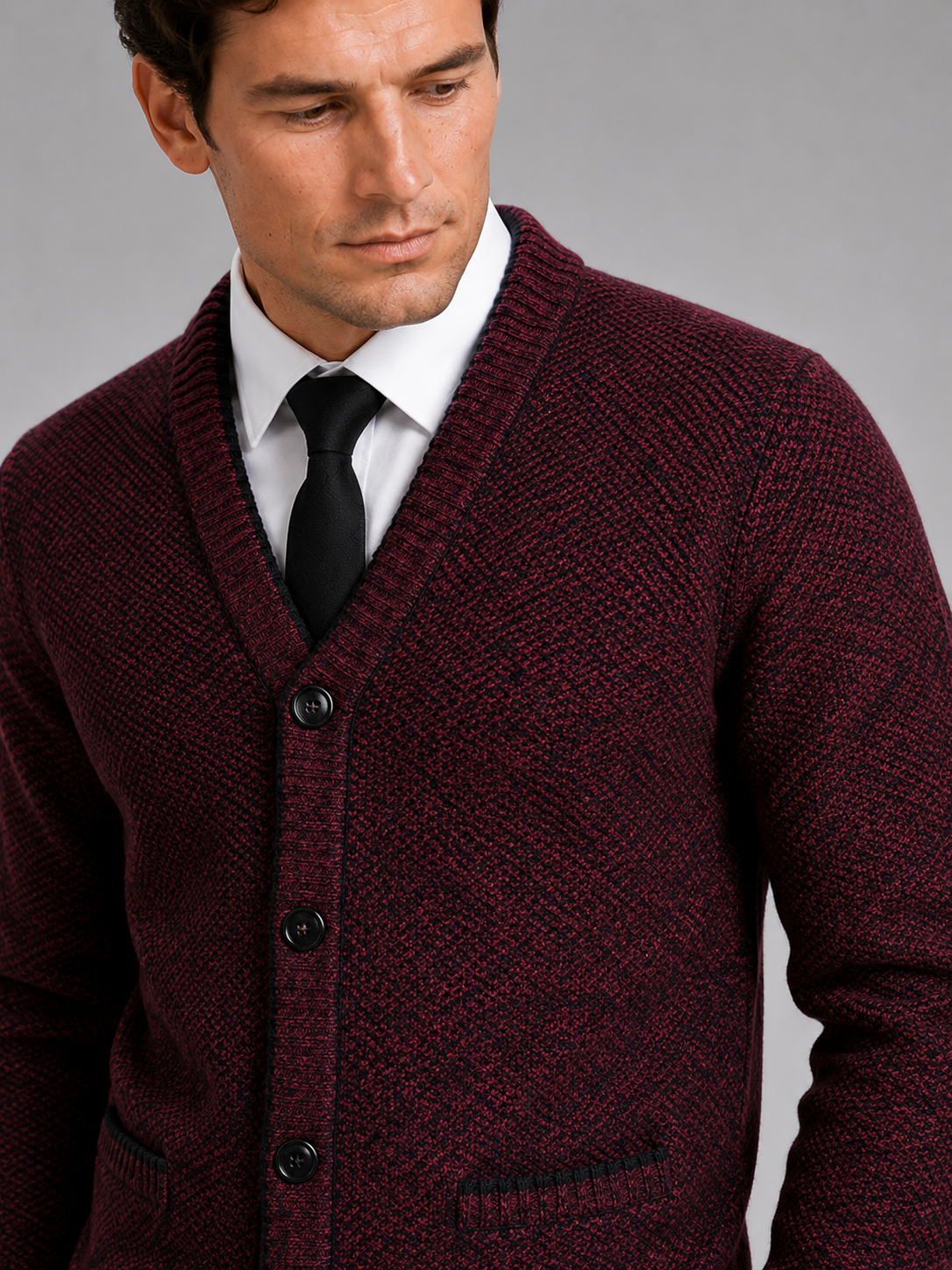 Men's V-neck cardigan – Wine detail view – Edward & Lawsen