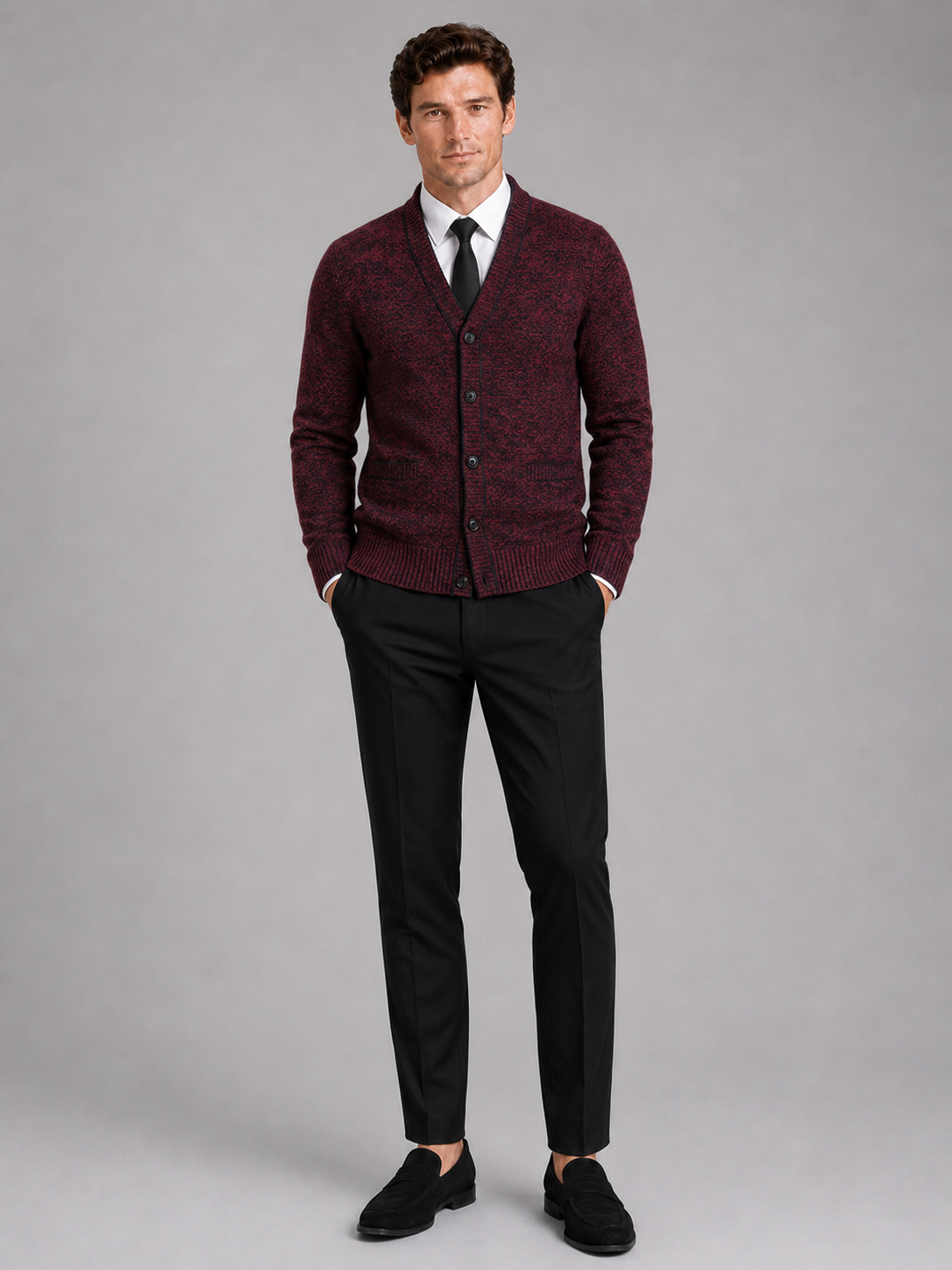 Men's V-neck cardigan – Wine full view – Edward & Lawsen
