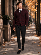 Men's V-neck cardigan – Wine lifestyle view – Edward & Lawsen