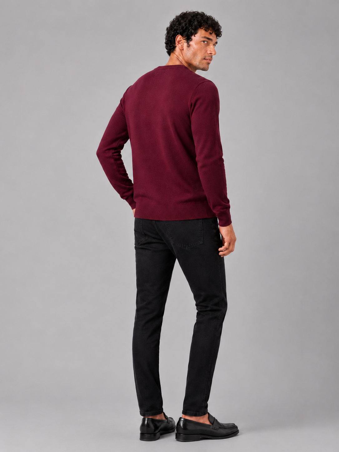 Men's crew neck knit sweater – Wine back view – Edward & Lawsen