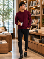 Men's crew neck knit sweater – Wine lifestyle view – Edward & Lawsen