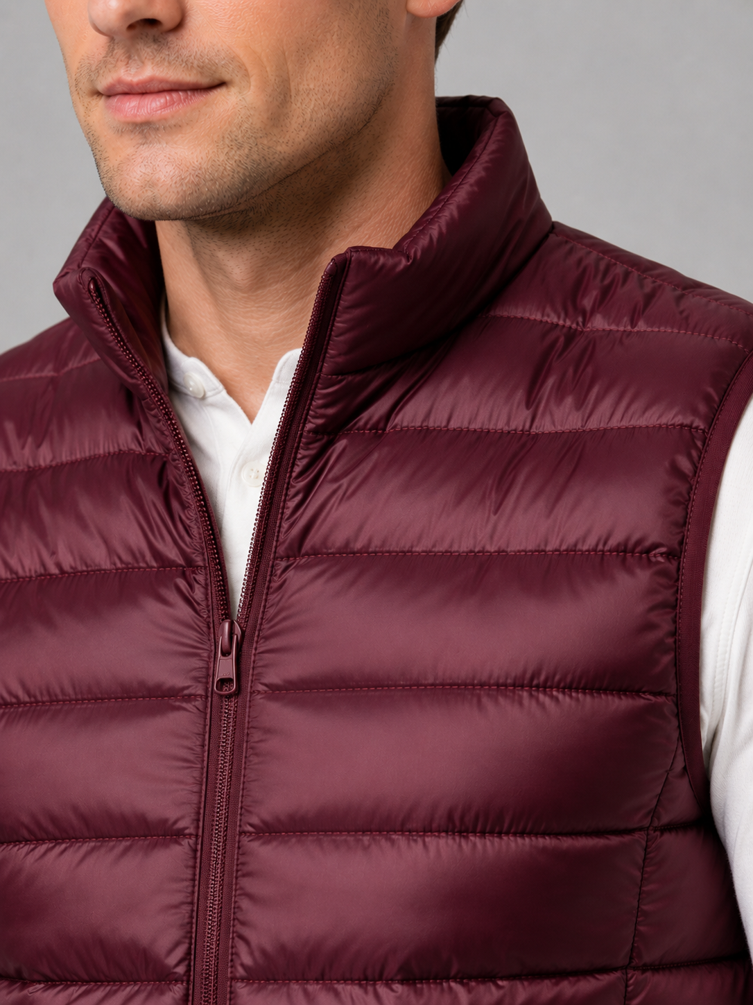 Men's ultralight puffer vest – Wine detail view – Edward & Lawsen