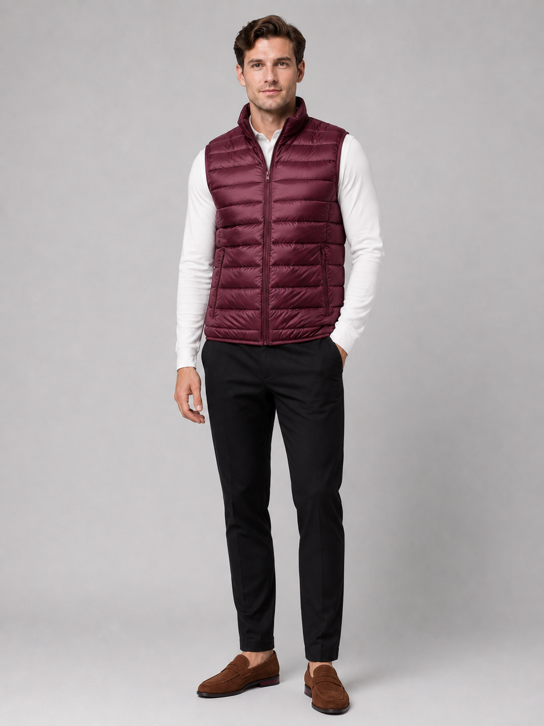 Men's ultralight puffer vest – Wine full view – Edward & Lawsen