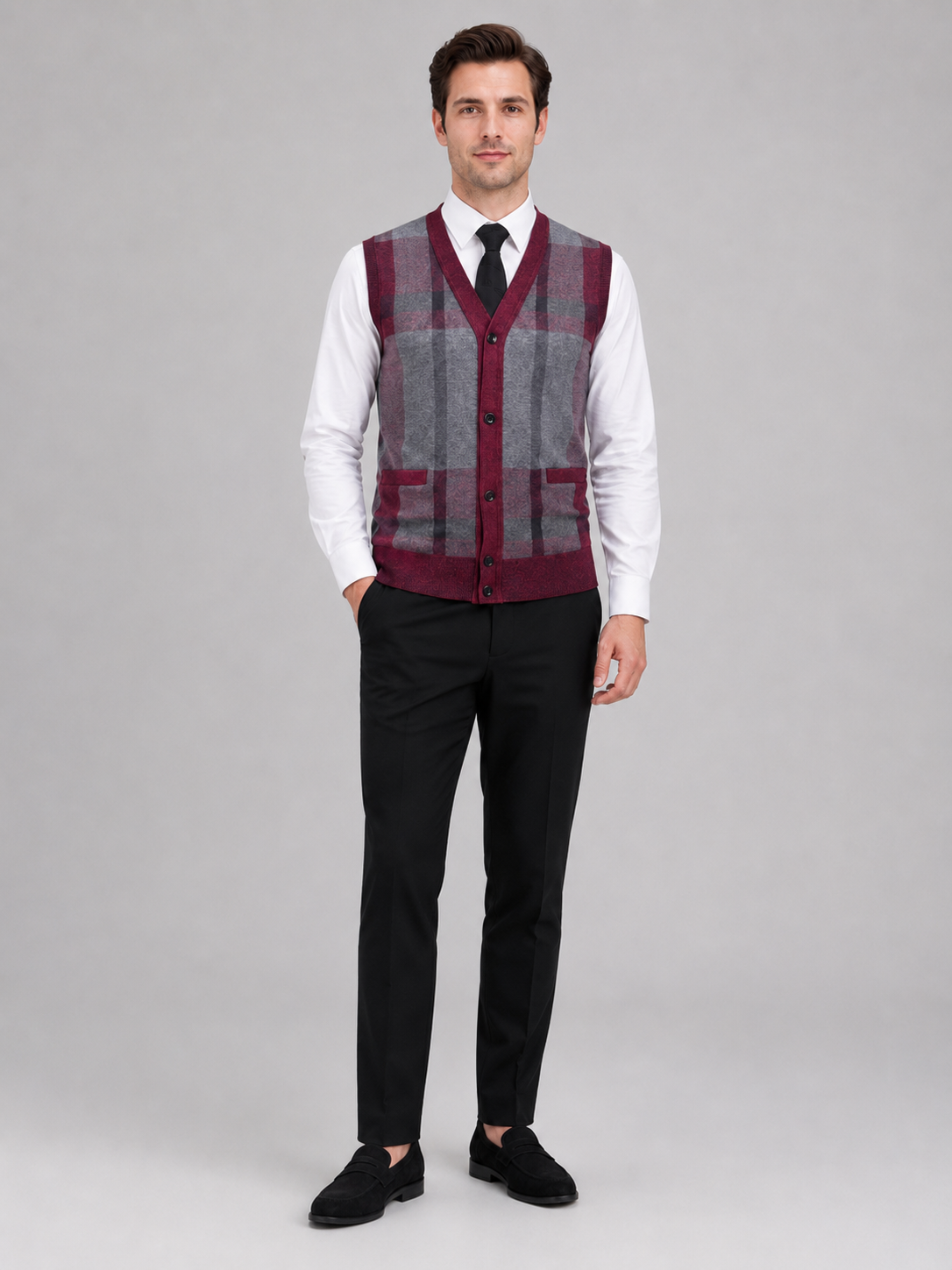 Men's fleece button-front vest – Wine full view – Edward & Lawsen
