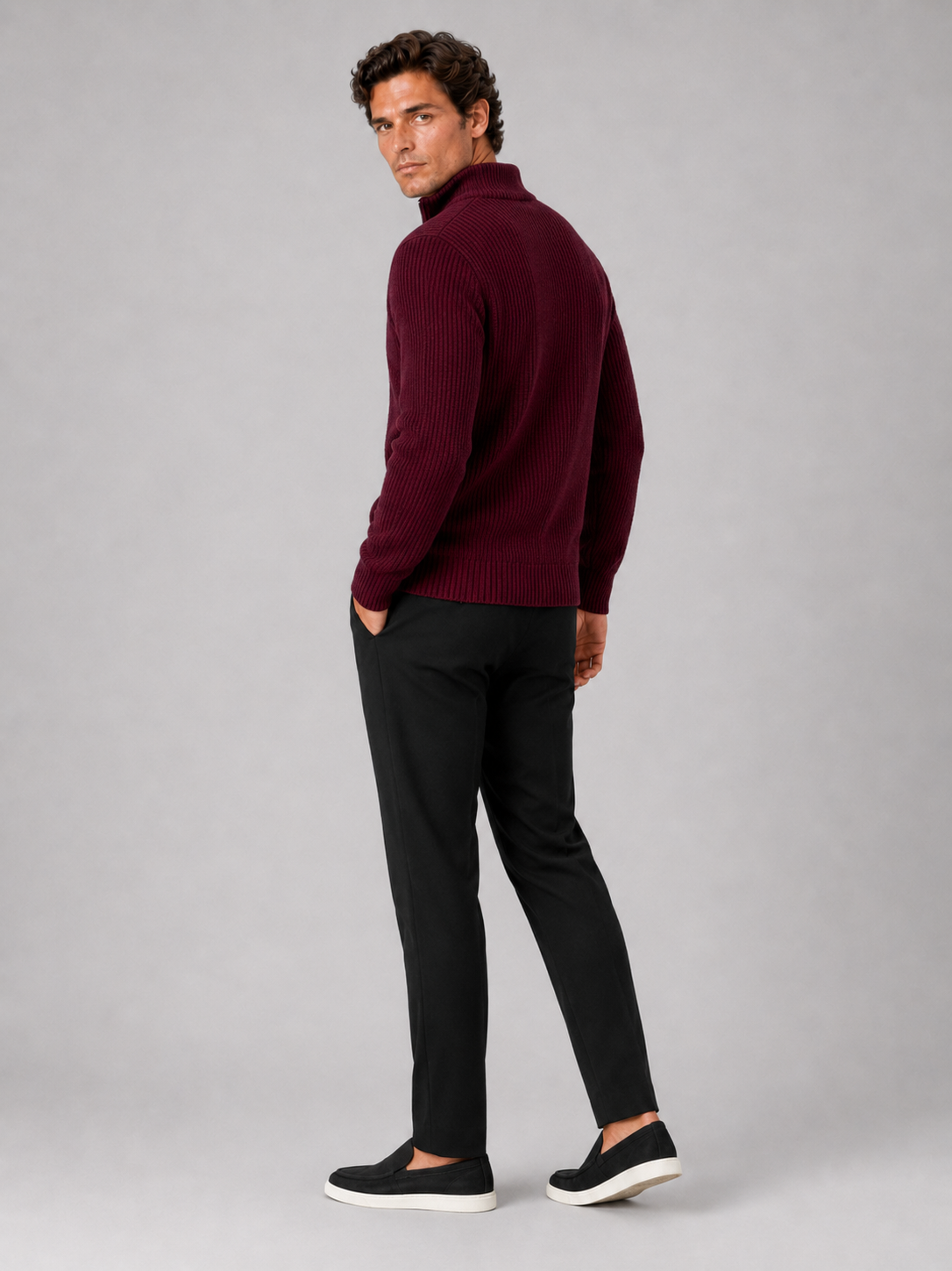 Men's half zip sweater – Wine back view – Edward & Lawsen
