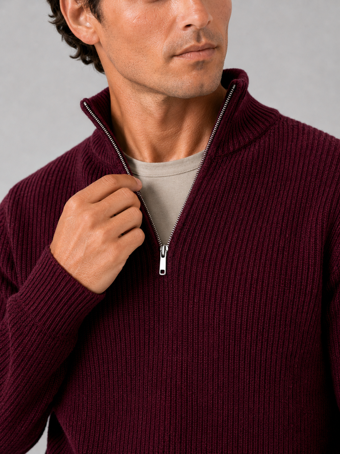 Men's half zip sweater – Wine detail view – Edward & Lawsen