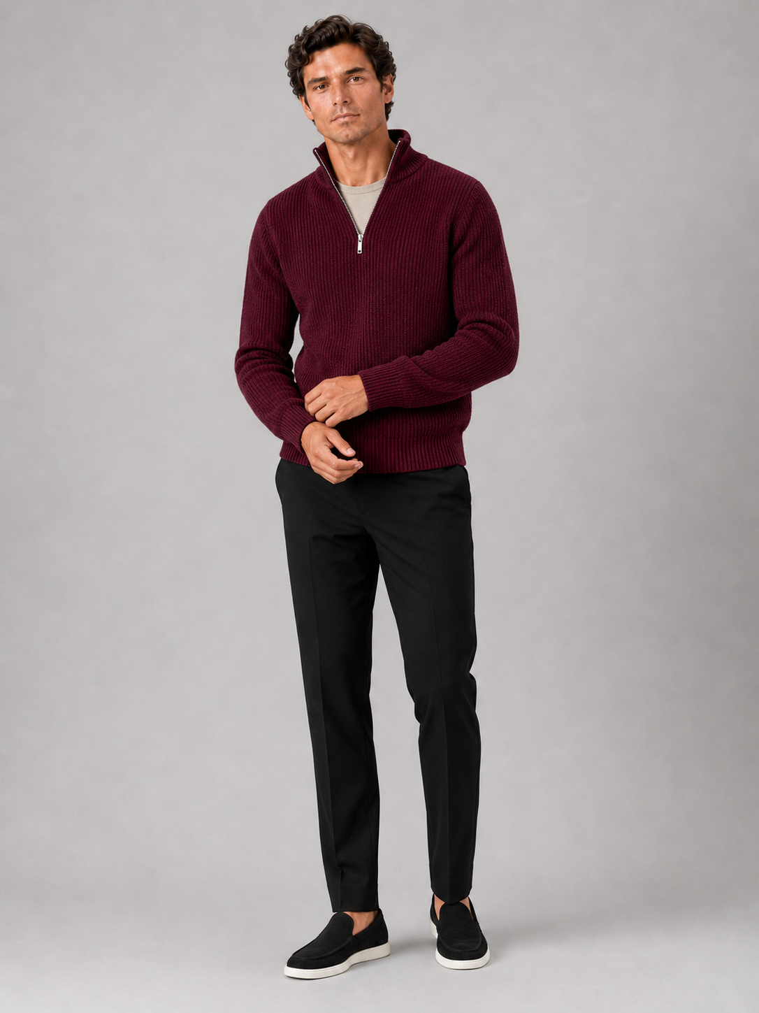 Men's half zip sweater – Wine full view – Edward & Lawsen