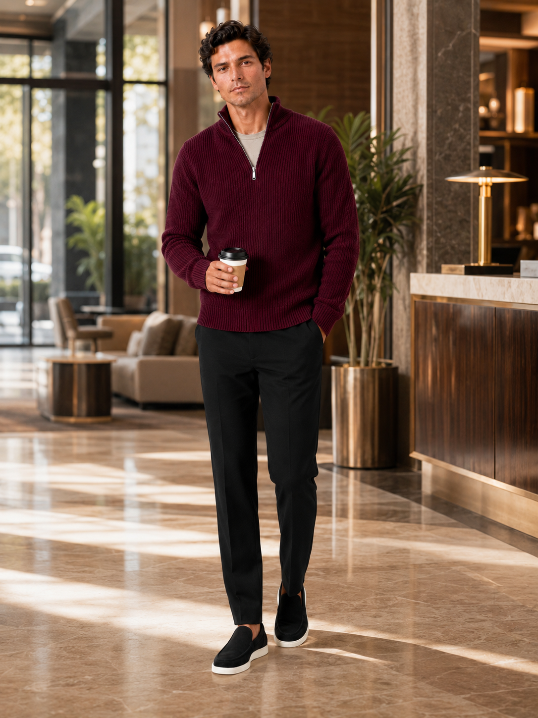Men's half zip sweater – Wine lifestyle view – Edward & Lawsen