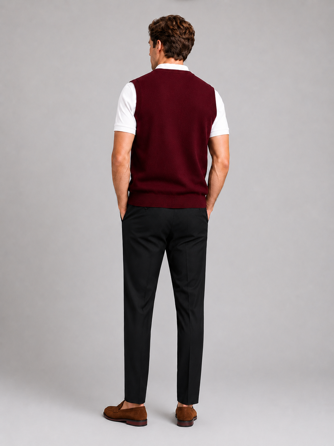 Men's knit sweater vest – Wine back view – Edward & Lawsen