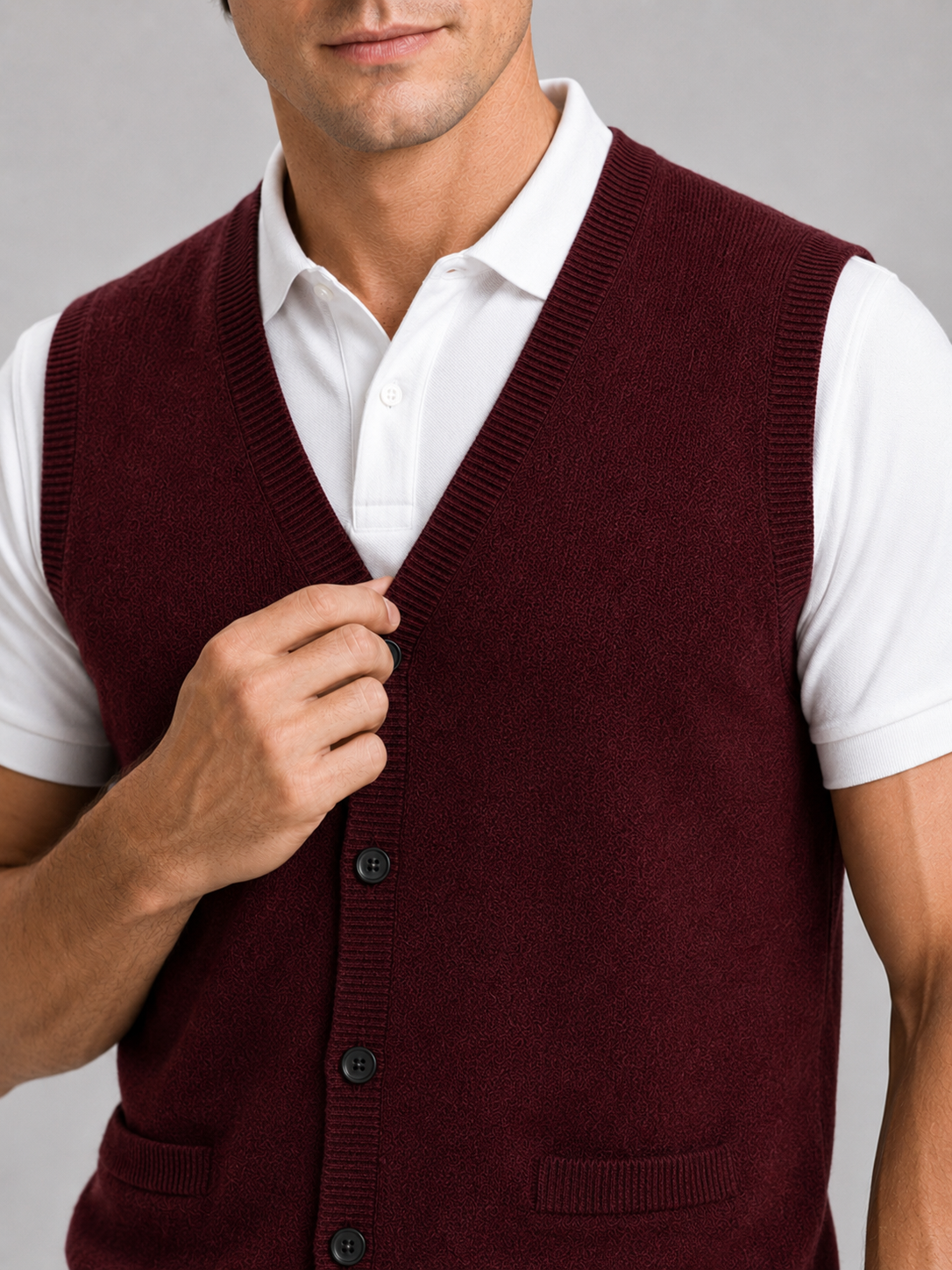 Men's knit sweater vest – Wine detail view – Edward & Lawsen