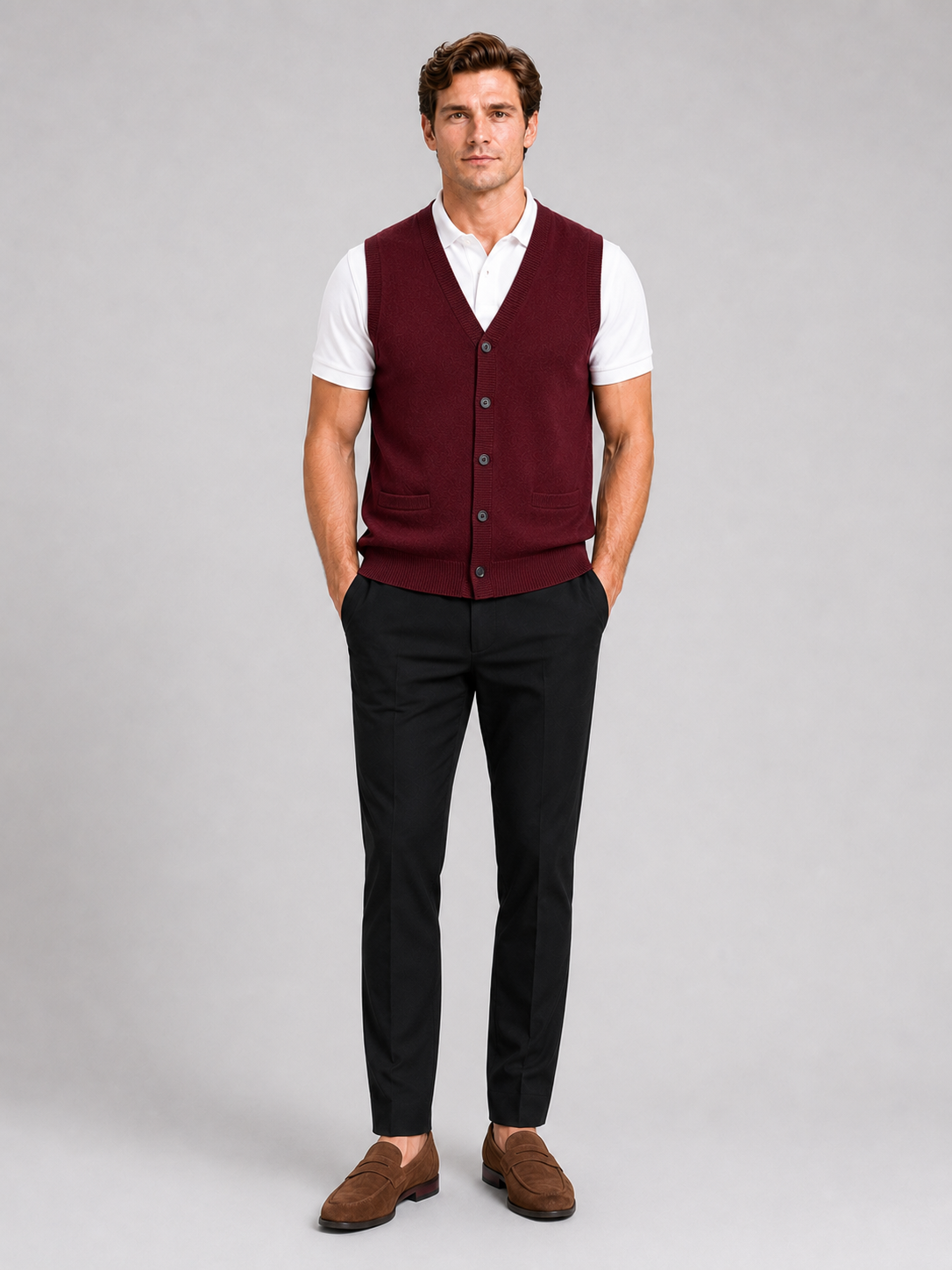 Men's knit sweater vest – Wine full view – Edward & Lawsen