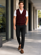 Men's knit sweater vest – Wine lifestyle view – Edward & Lawsen