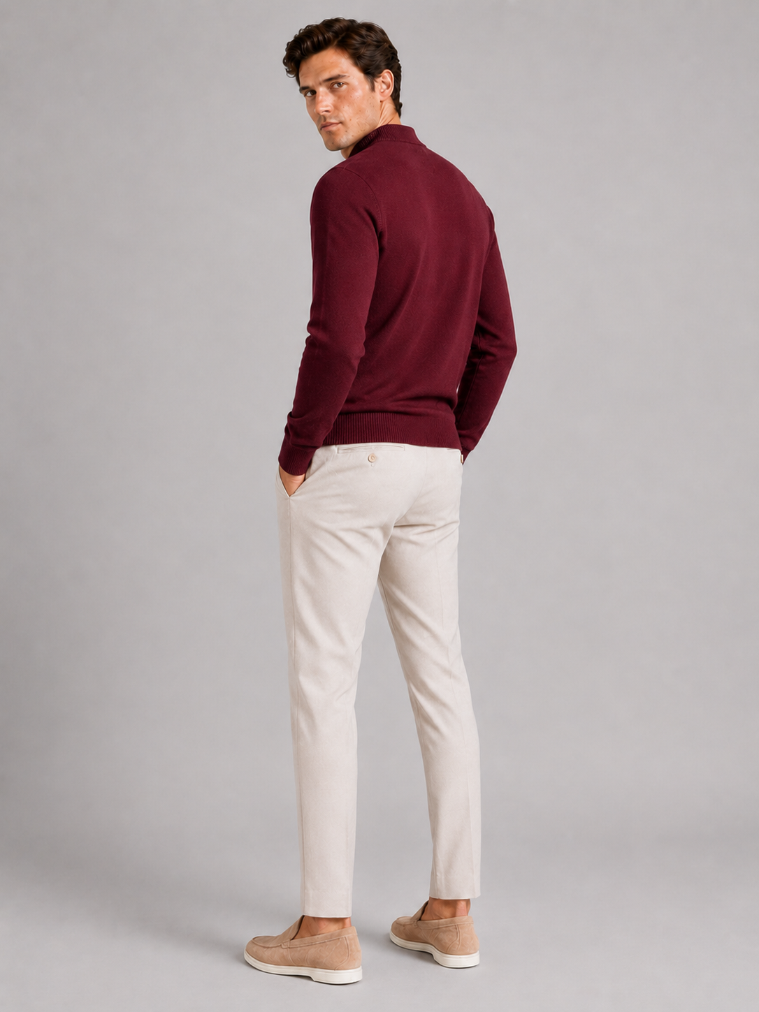 Men's slim fit mock neck sweater – Wine back view – Edward & Lawsen