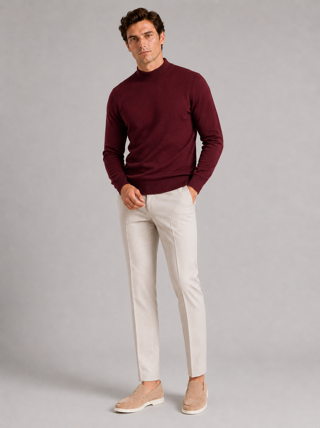 Men's slim fit mock neck sweater – Wine full view – Edward & Lawsen