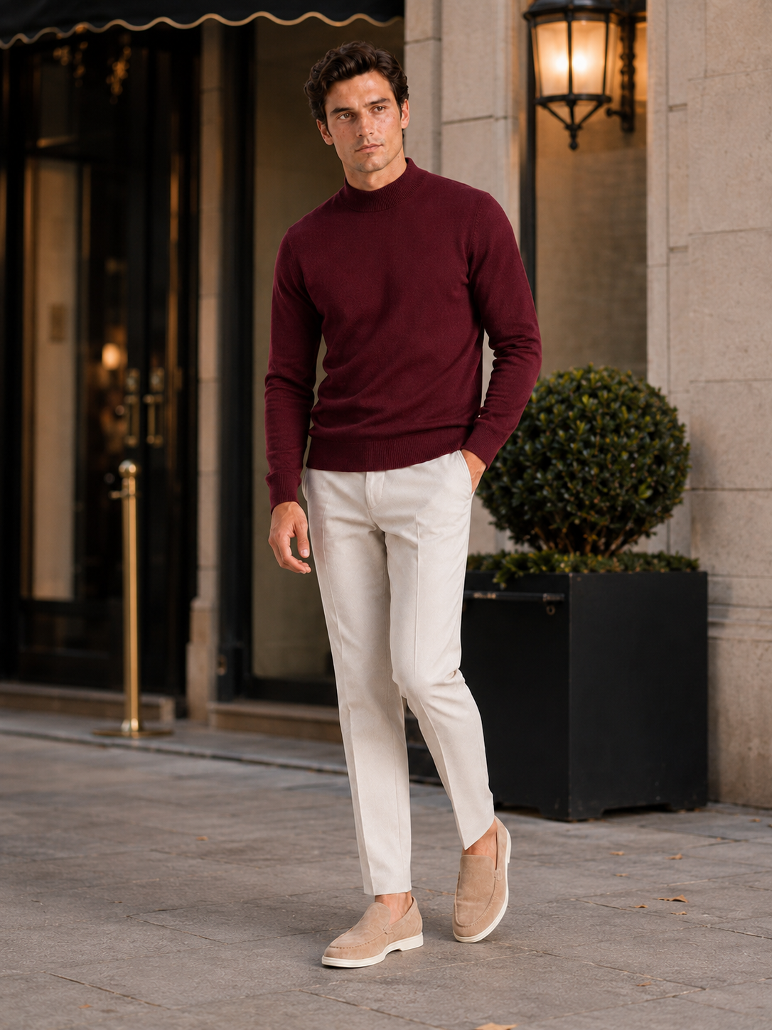 Men's slim fit mock neck sweater – Wine lifestyle view – Edward & Lawsen