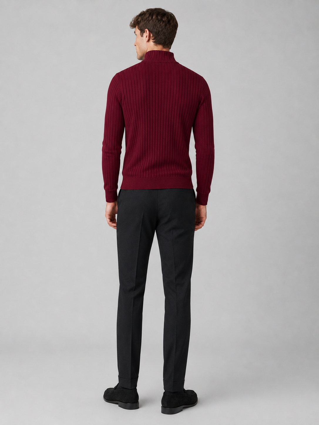 Men's quarter zip mock neck sweater – Wine back view – Edward & Lawsen