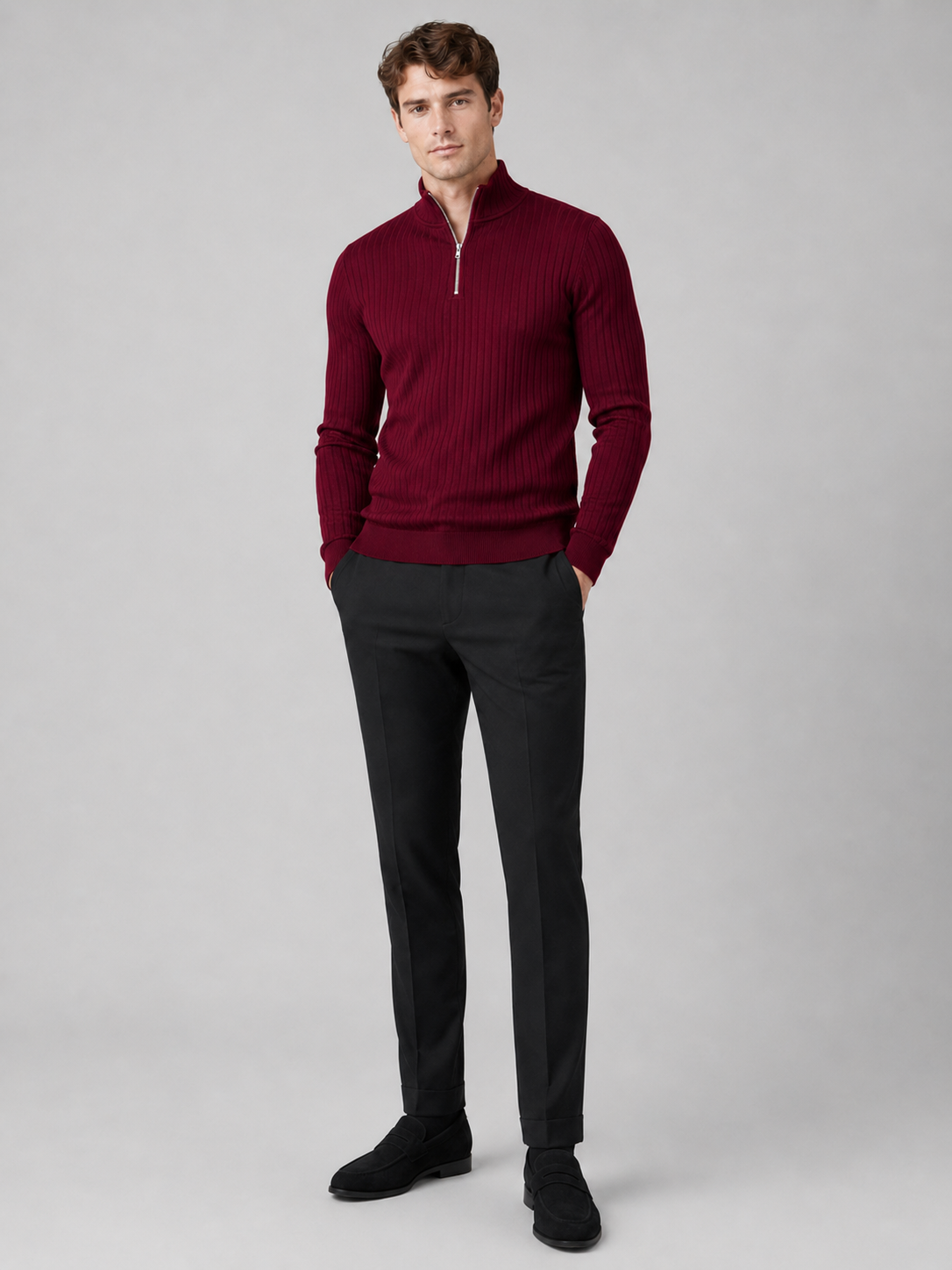Men's quarter zip mock neck sweater – Wine full view – Edward & Lawsen