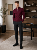 Men's quarter zip mock neck sweater – Wine lifestyle view – Edward & Lawsen