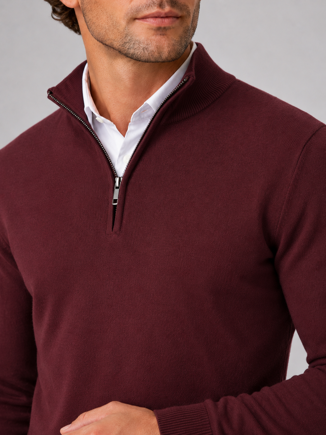Men's quarter-zip mock neck sweater – Wine detail view – Edward & Lawsen