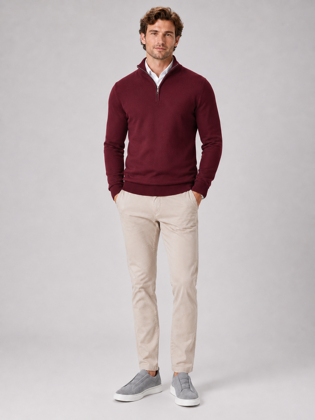 Men's quarter-zip mock neck sweater – Wine full view – Edward & Lawsen