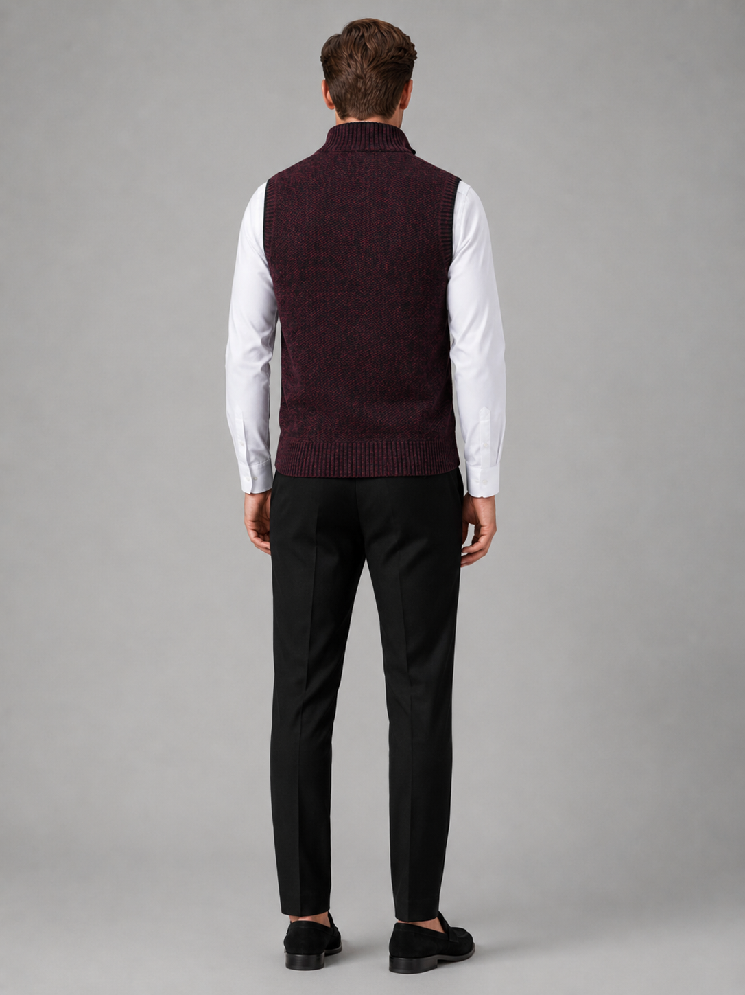 Men's full zip stand collar vest – Wine back view – Edward & Lawsen