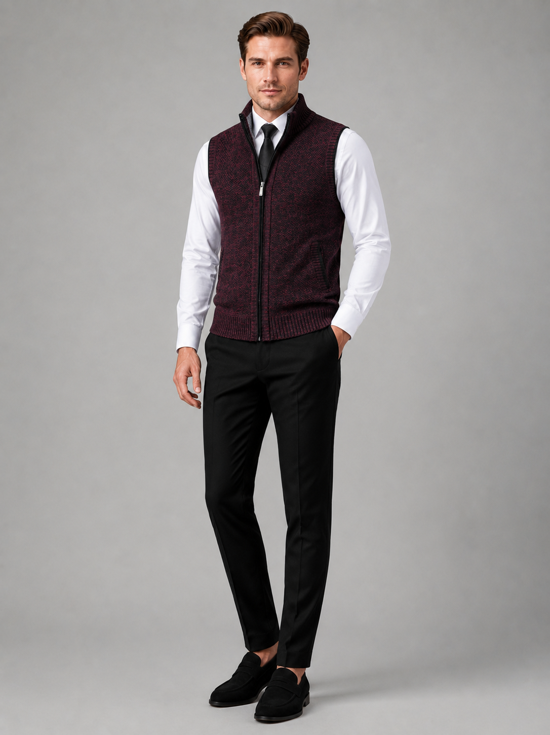 Men's full zip stand collar vest – Wine full view – Edward & Lawsen