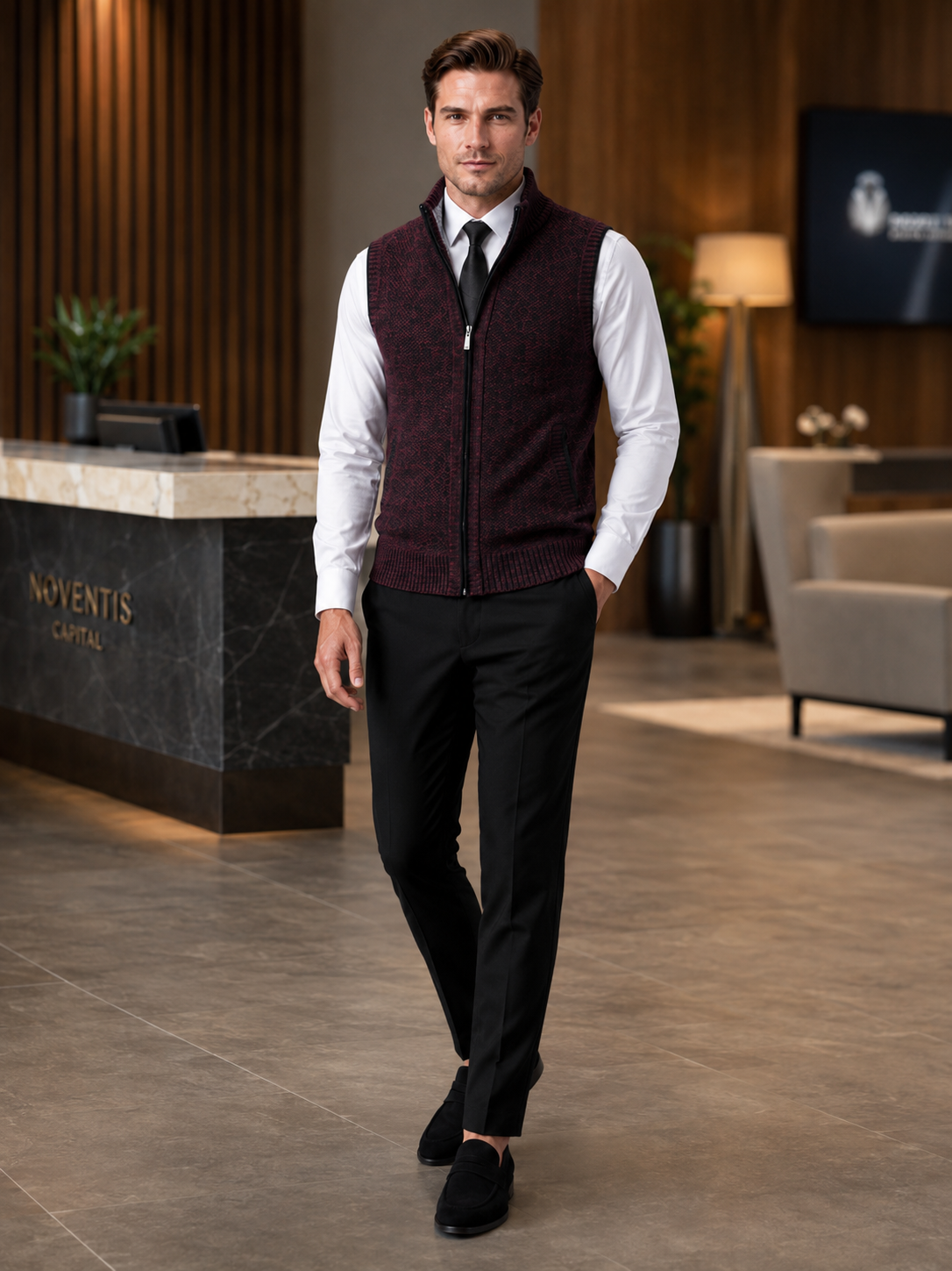 Men's full zip stand collar vest – Wine lifestyle view – Edward & Lawsen