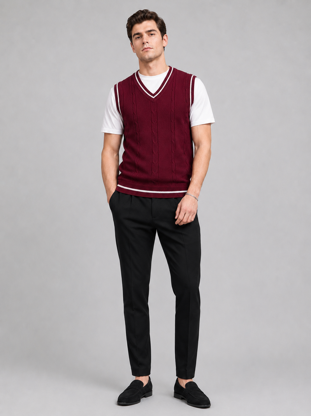 Men's patchwork sweater vest – Wine full view – Edward & Lawsen