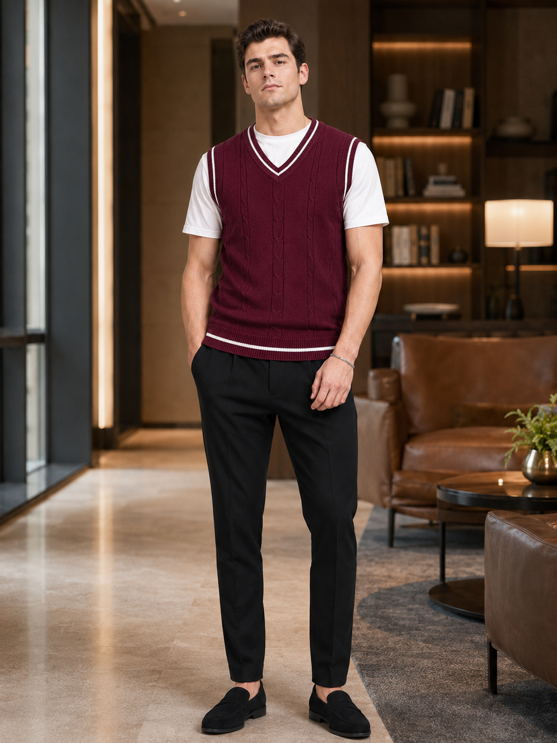 Men's patchwork sweater vest – Wine lifestyle view – Edward & Lawsen