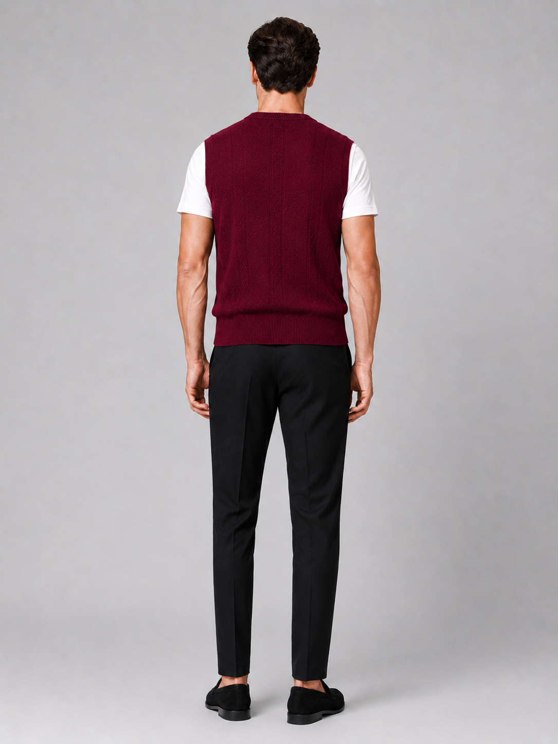 Men's sleeveless sweater vest – Wine back view – Edward & Lawsen