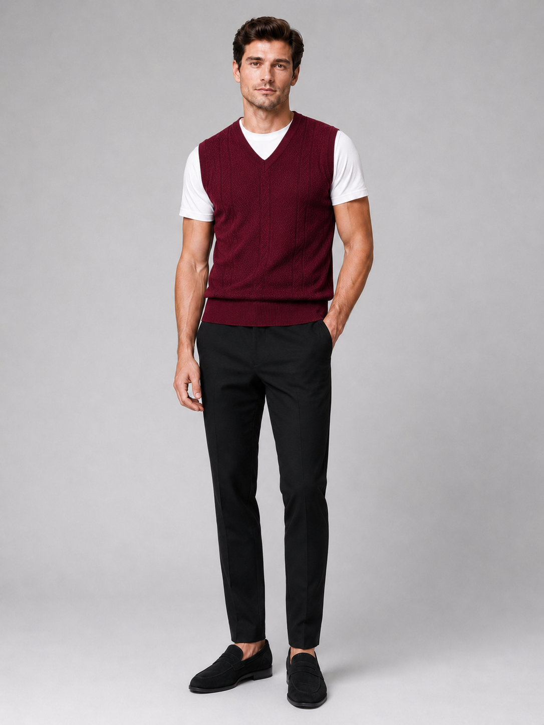 Men's sleeveless sweater vest – Wine full view – Edward & Lawsen
