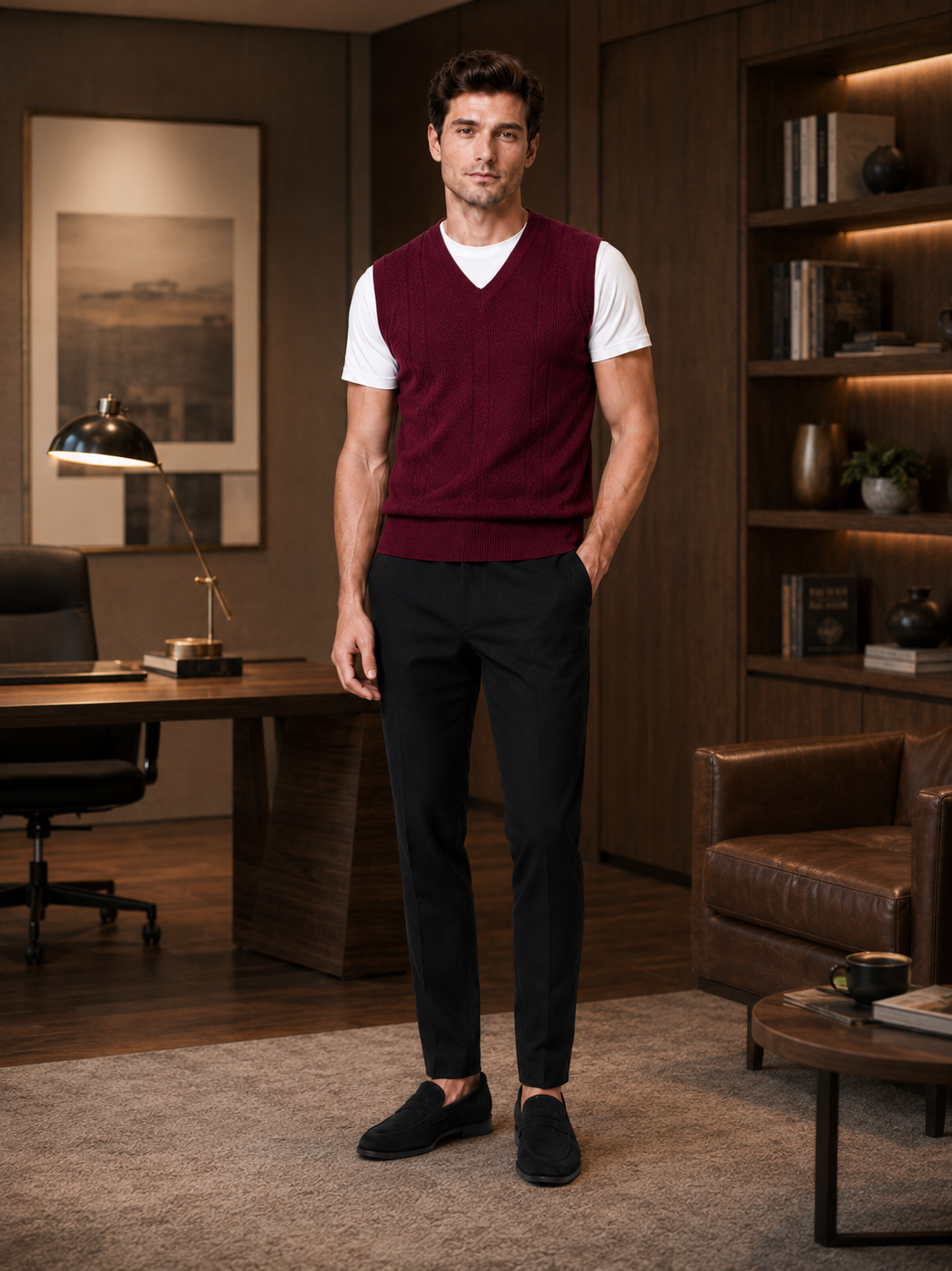 Men's sleeveless sweater vest – Wine lifestyle view – Edward & Lawsen