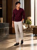 Men's V-neck sweater – Wine lifestyle view – Edward & Lawsen