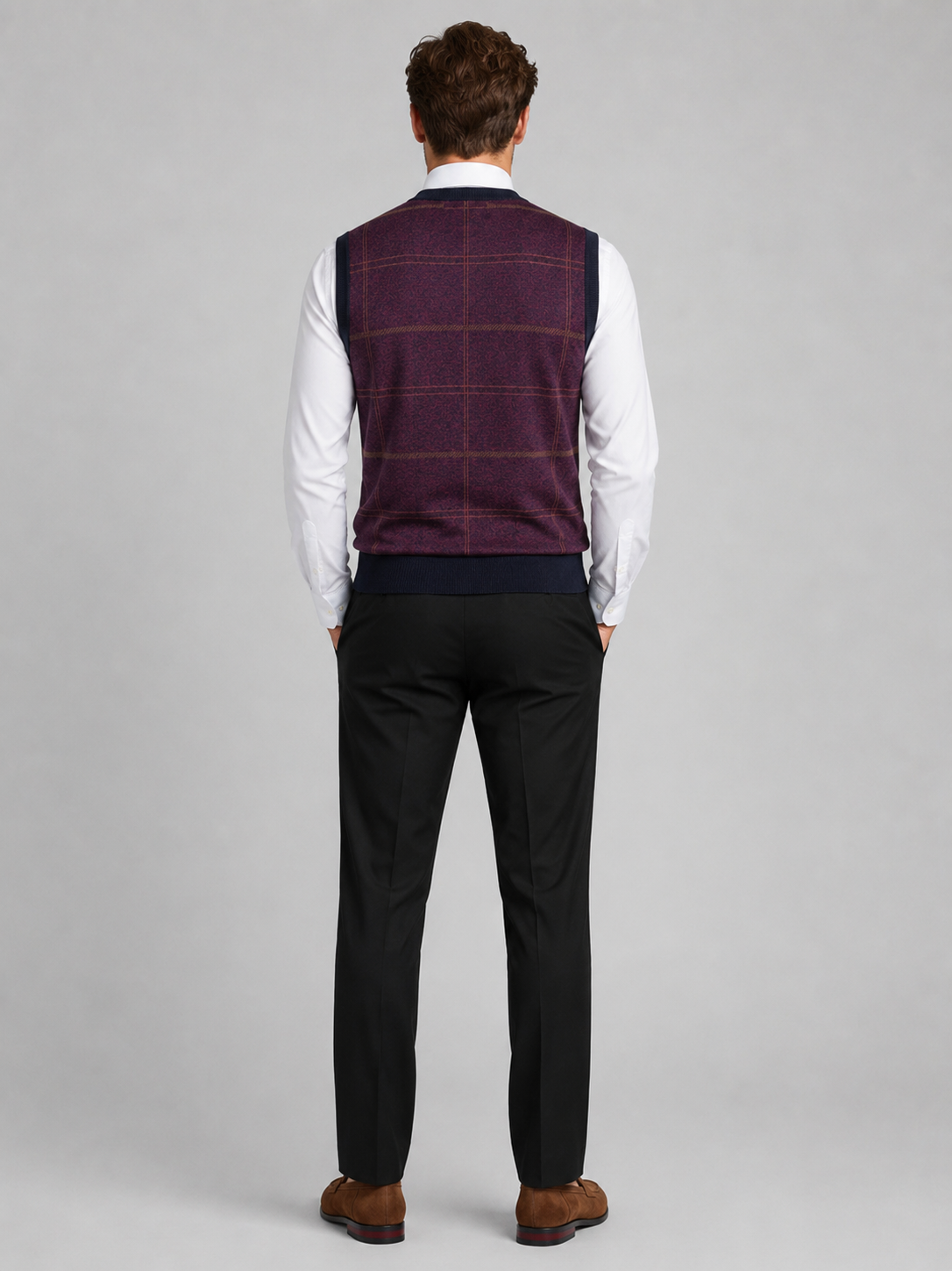 Men's diamond cable knit sweater vest – Wine back view – Edward & Lawsen