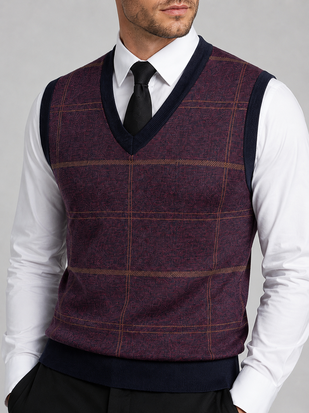 Men's diamond cable knit sweater vest – Wine detail view – Edward & Lawsen