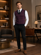 Men's diamond cable knit sweater vest – Wine lifestyle view – Edward & Lawsen