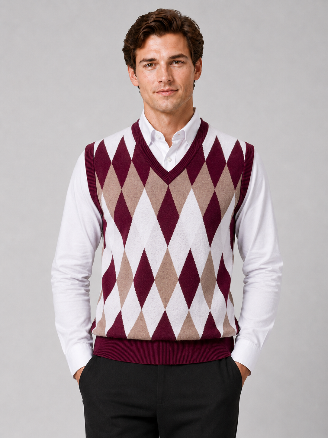Men's argyle sweater vest – Wine front view