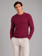 Men's cable knit crew neck sweater – Wine front view – Edward & Lawsen