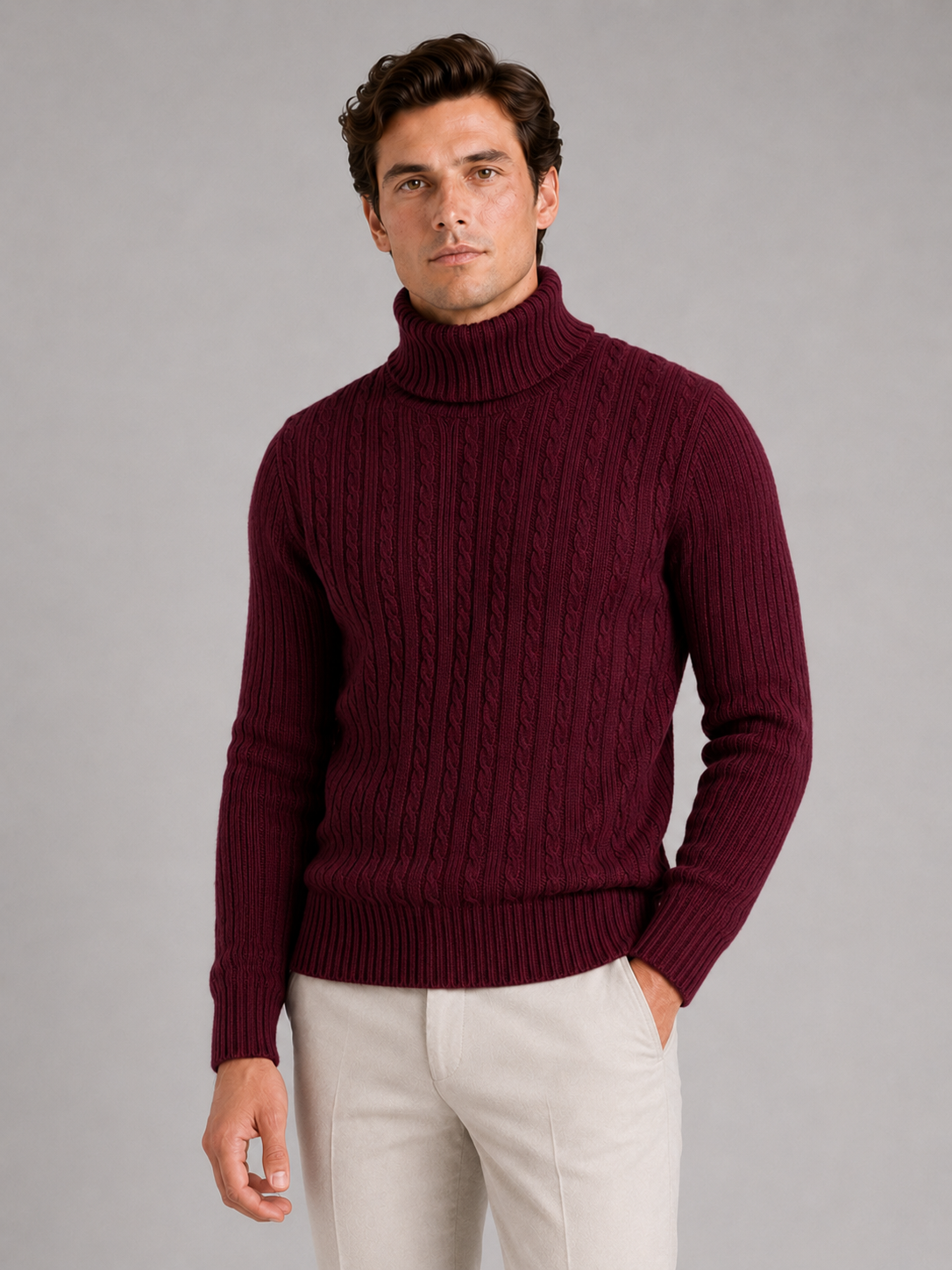 Men's cable knit turtleneck sweater – Wine front view – Edward & Lawsen