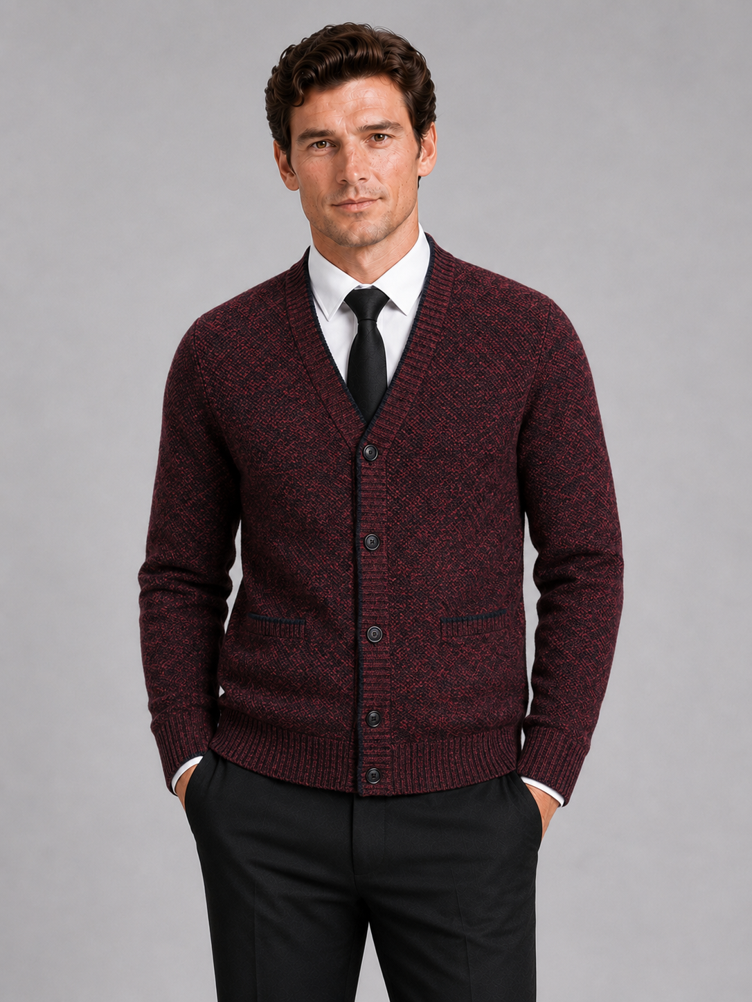 Men's V-neck cardigan – Wine front view – Edward & Lawsen