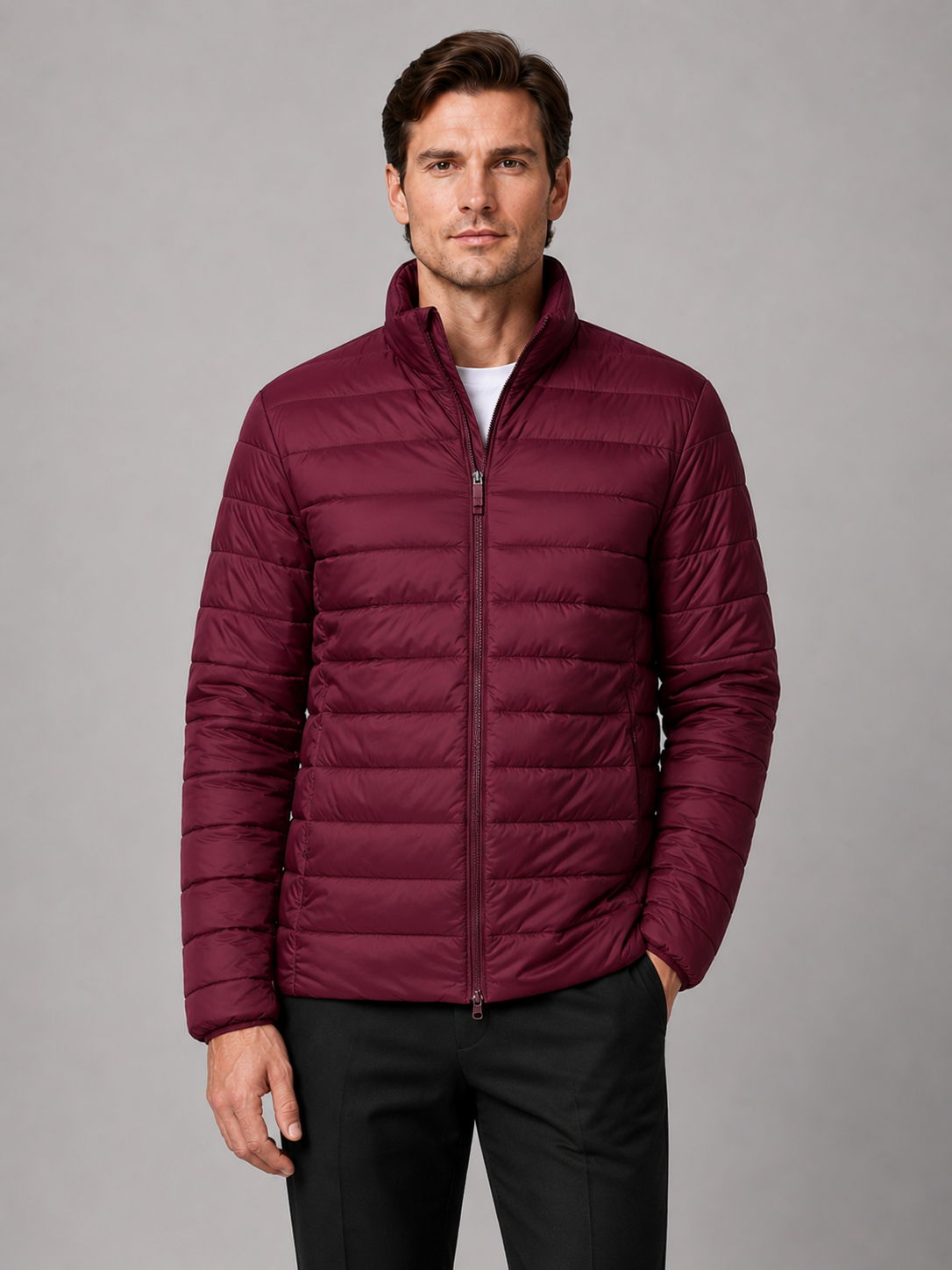 Men's puffer jacket – Wine front view – Edward & Lawsen