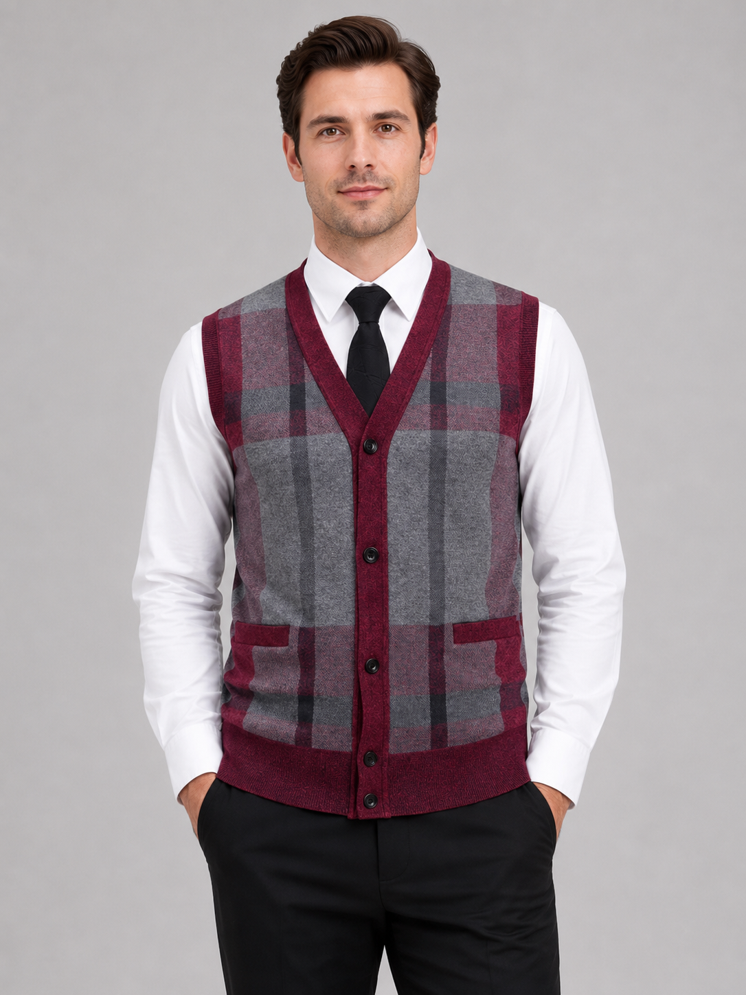 Men's fleece button-front vest – Wine front view – Edward & Lawsen