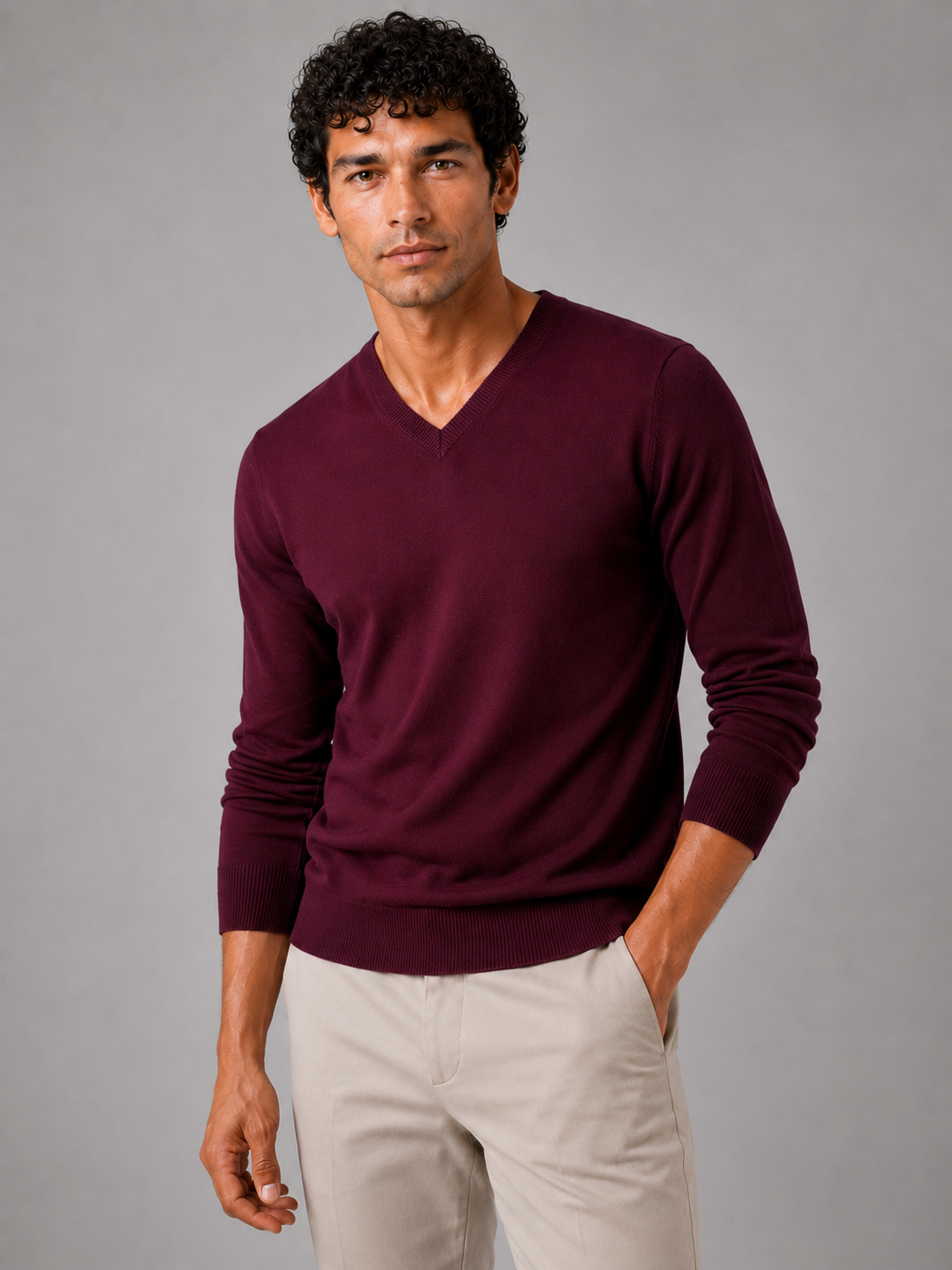 Men's V-neck sweater – Wine front view – Edward & Lawsen