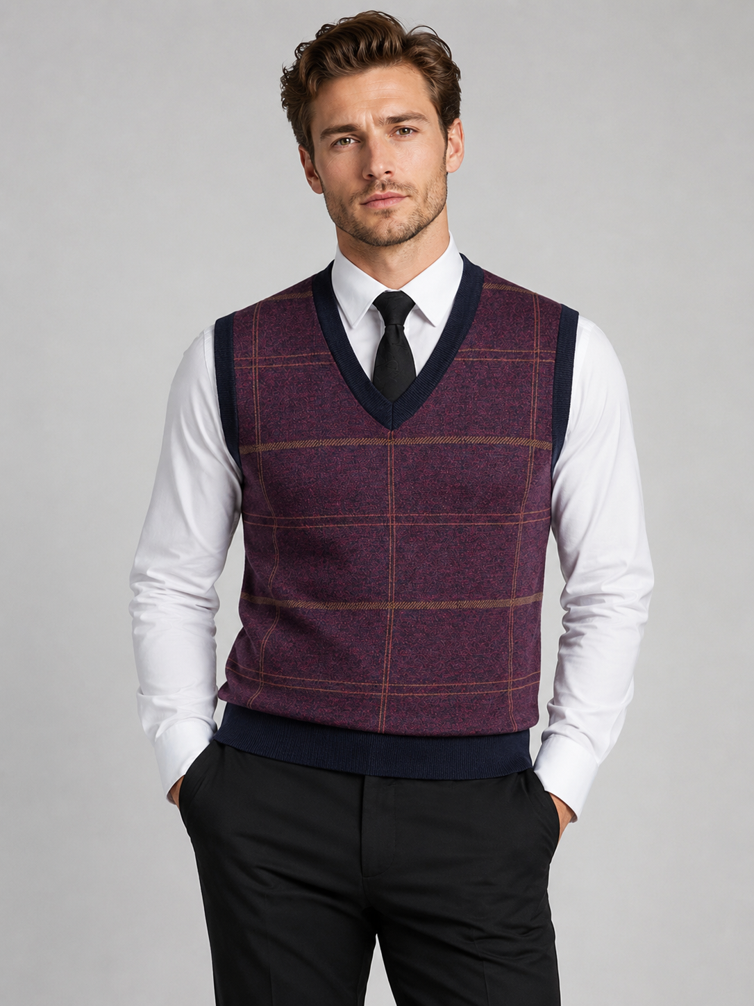 Men's diamond cable knit sweater vest – Wine front view – Edward & Lawsen