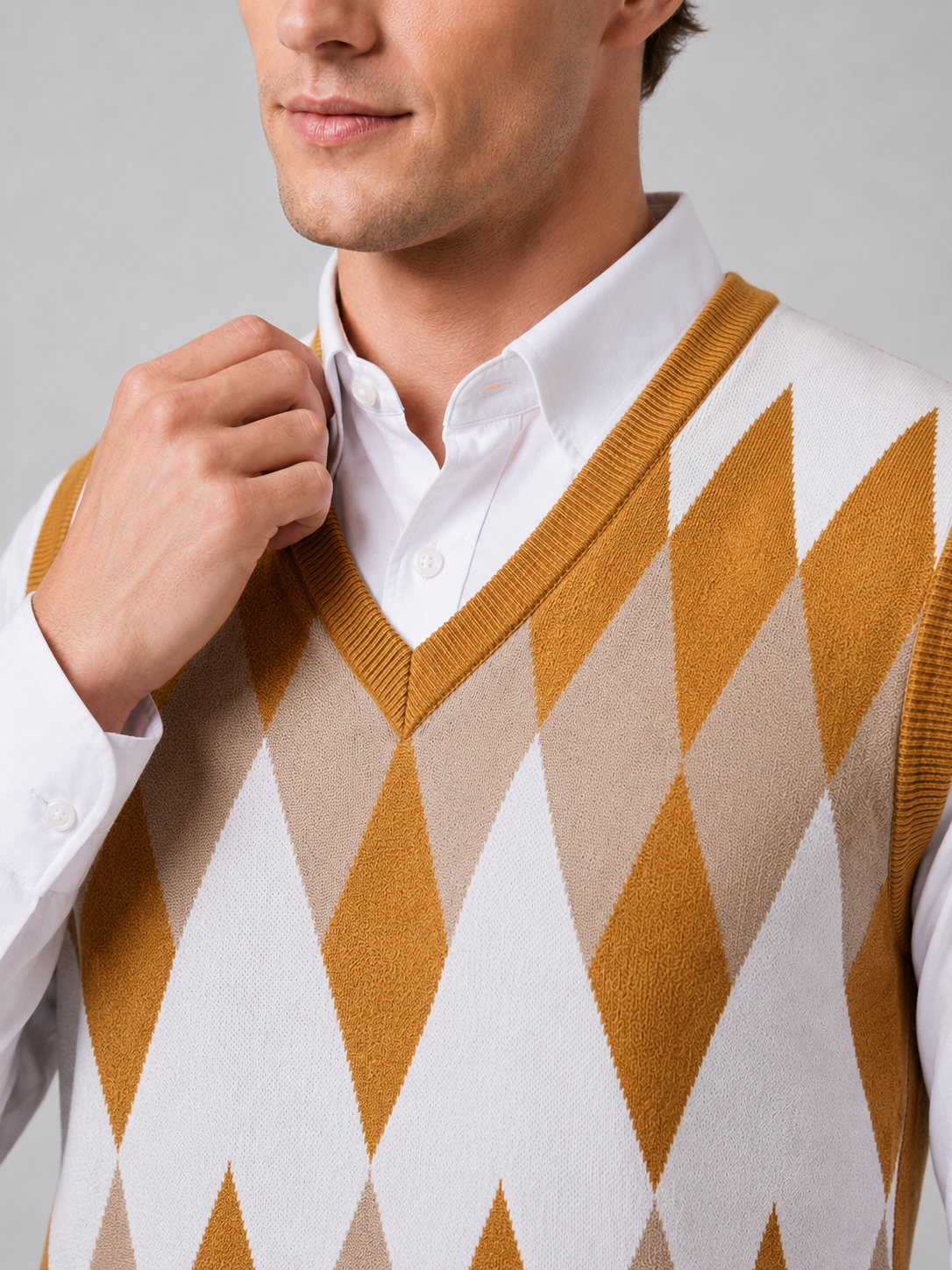 Men's argyle sweater vest – Yellow detail view – Edward & Lawsen