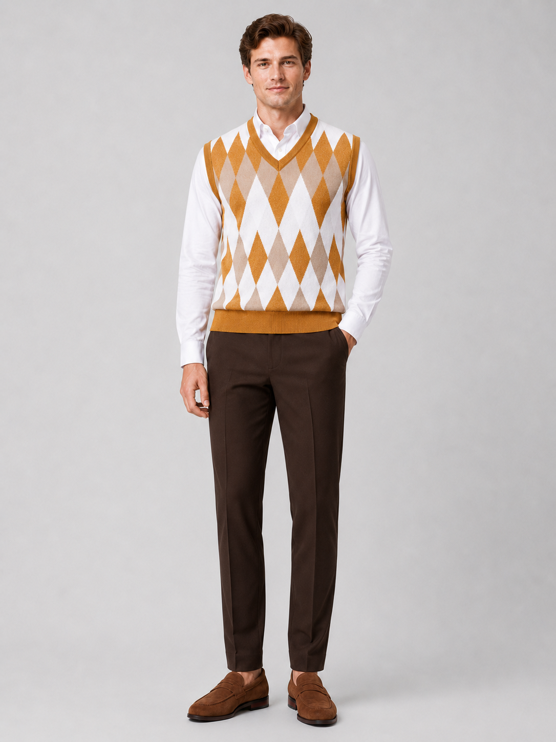 Men's argyle sweater vest – Yellow full view – Edward & Lawsen