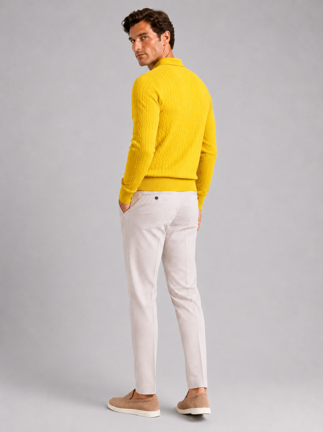 Men's cable knit V-neck polo – Yellow back view – Edward & Lawsen